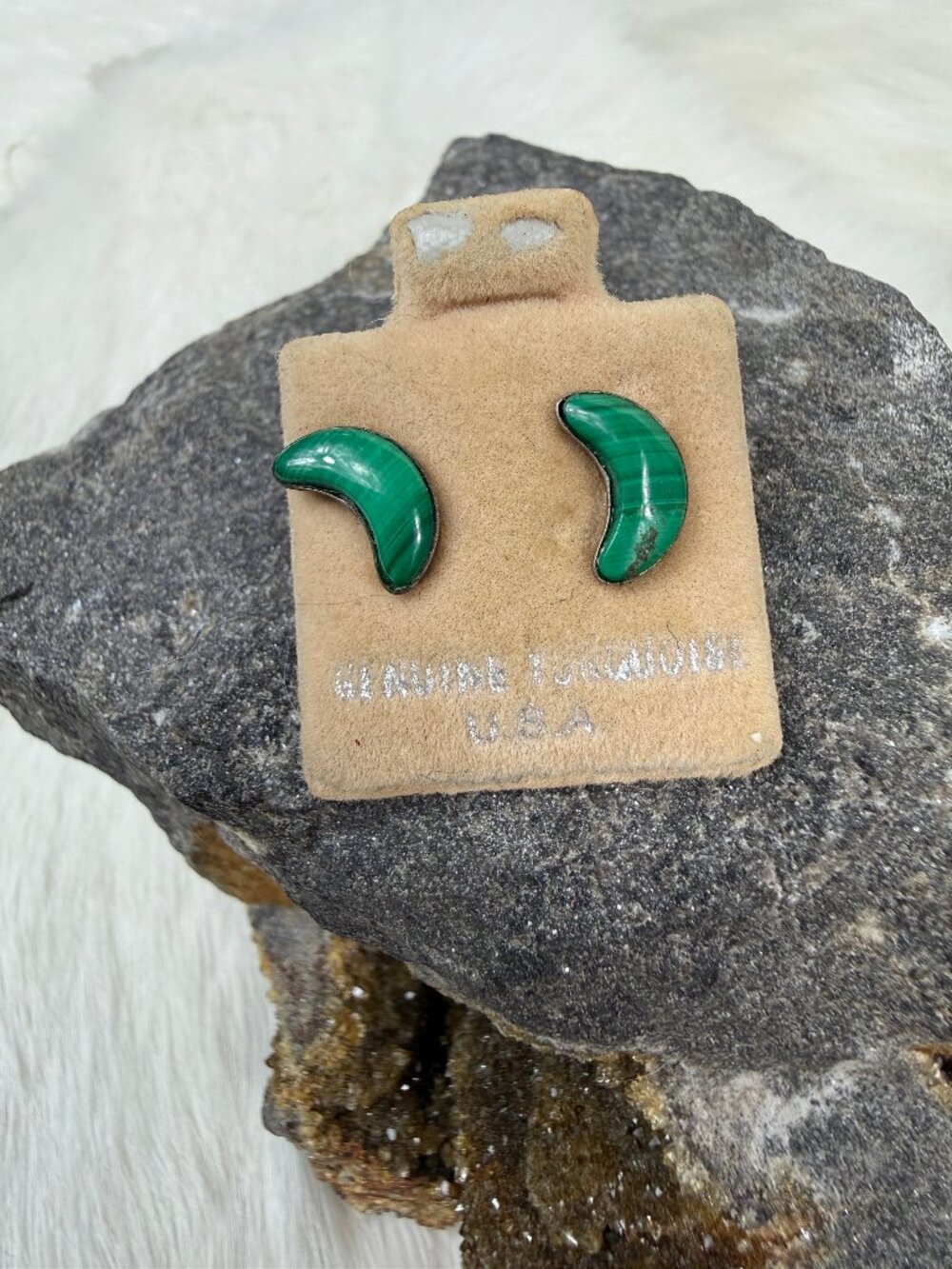 Vintage Malachite Crescent Moon Stud Pierced Earrings .5" X .25"